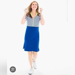 Chico's Blue and White Striped Top Blue Skirt Dress with Yellow Trim. Size 1
